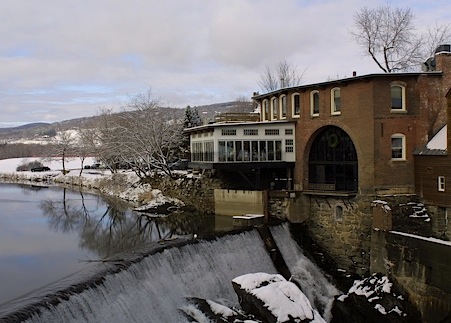 Simon Pearce restaurant overlooks a dam in Quechee Village, Vermont